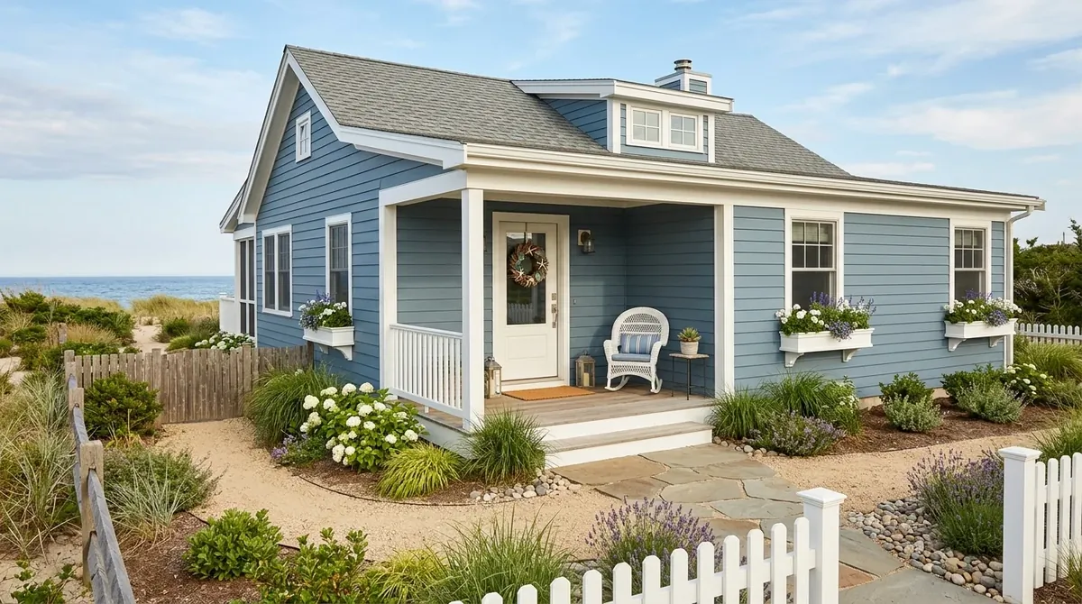 Painted white brick exterior with bronze accents, lantern lighting, and elegant front entry.