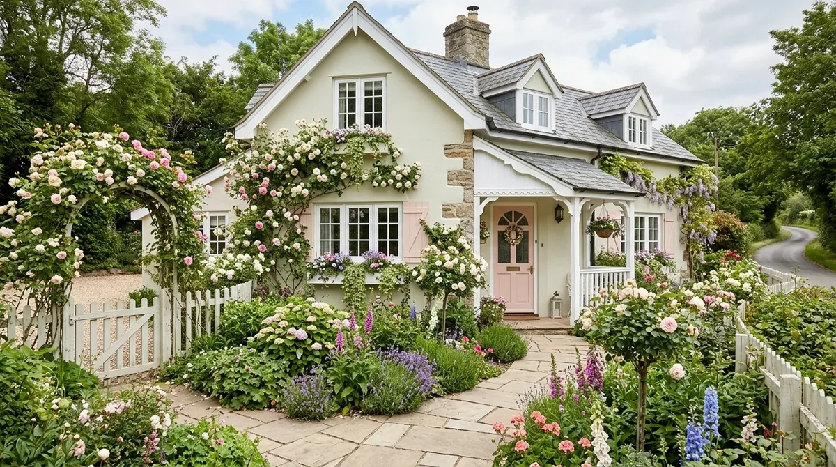 Forest green exterior with stone base, timber details, and wooded surroundings.