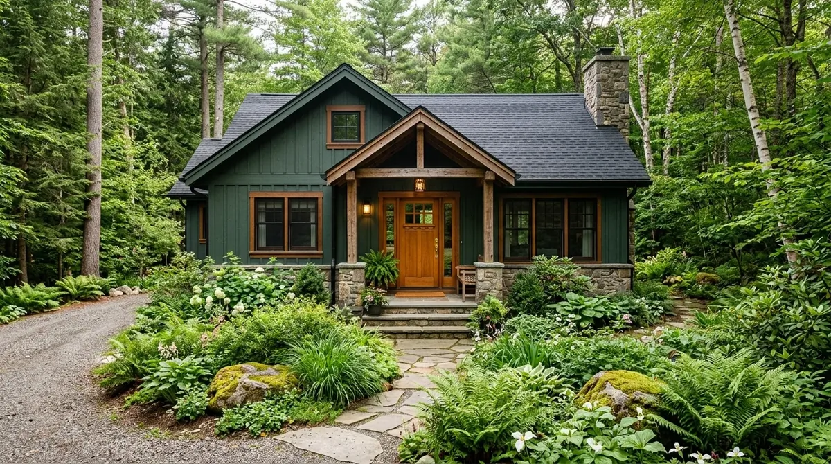 Traditional house exterior with cream siding, soft gray shutters, and brick walkway.