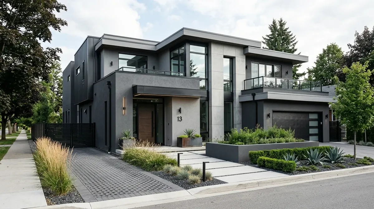 Luxury exterior with black facade, limestone accents, and dramatic evening lighting.