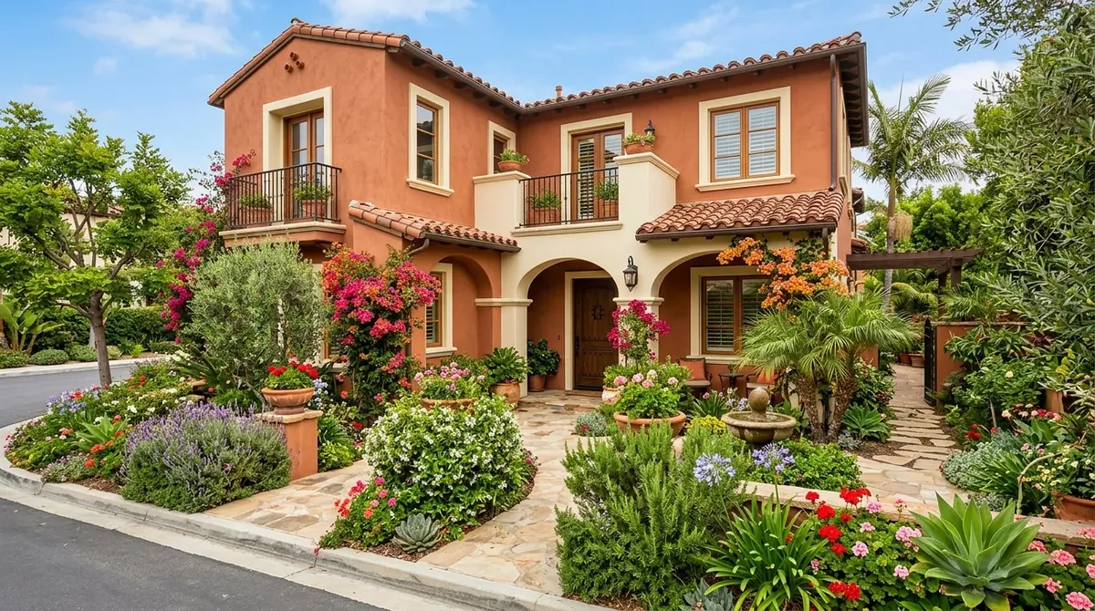 Earthy exterior palette with terracotta accents, sandy walls, and Mediterranean-inspired landscaping.