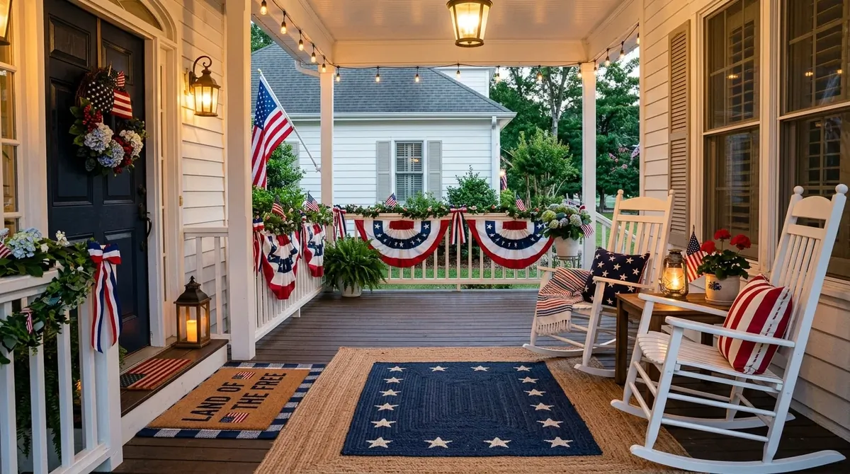Patriotic porch with layered rugs, bunting, rocking chairs, cushions, and warm lantern light.
