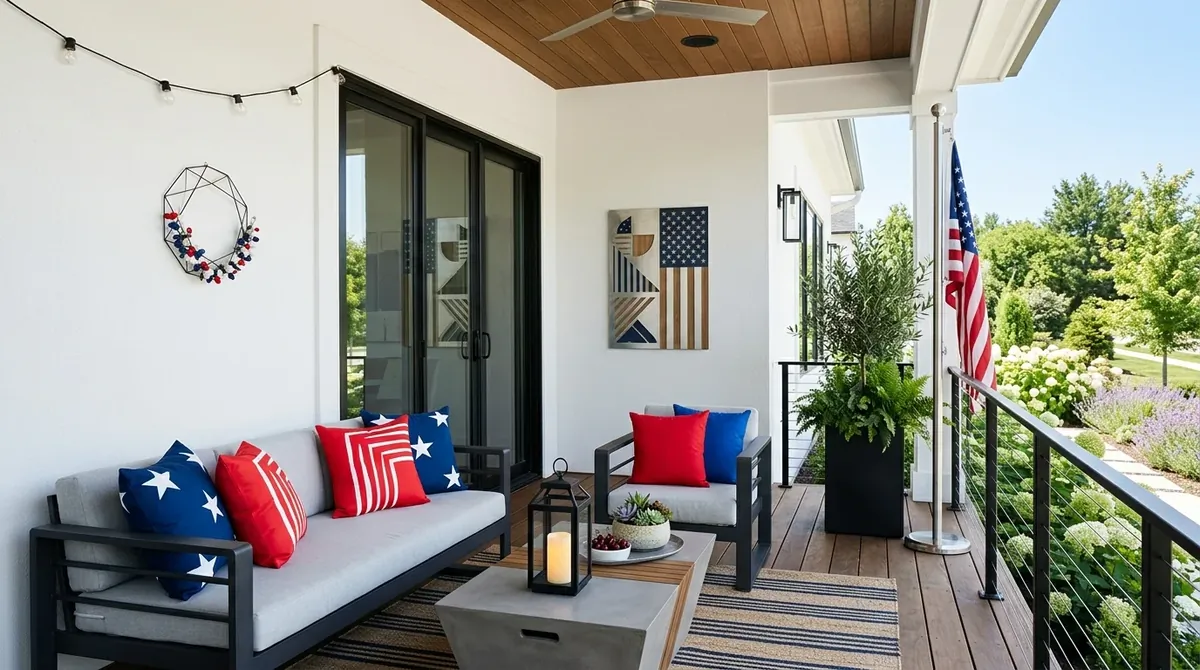 Modern porch with white exterior, geometric flag-inspired decor, clean furniture, and red-blue accent pillows.