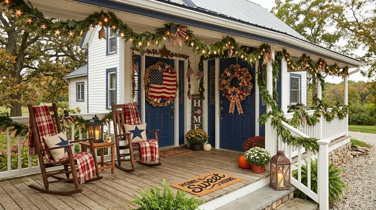 Farmhouse porch with rocking chairs, oversized flag wreath, star garlands, and rustic lanterns.