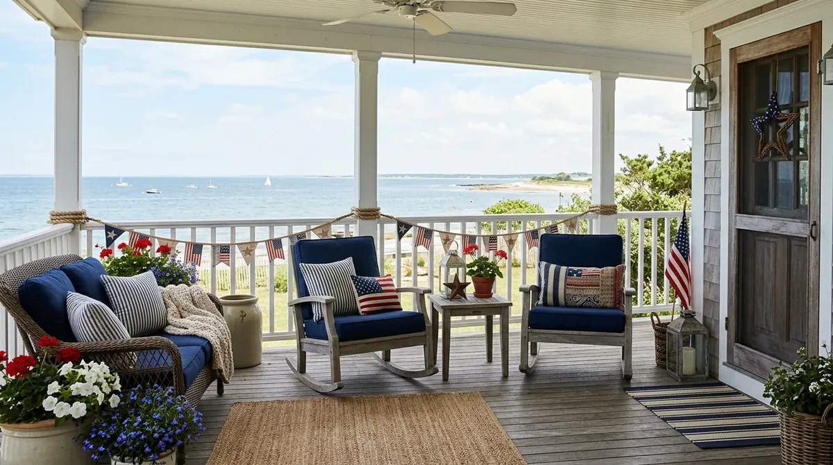 Coastal patriotic porch with navy cushions, striped textiles, rope accents, and subtle flag banners.