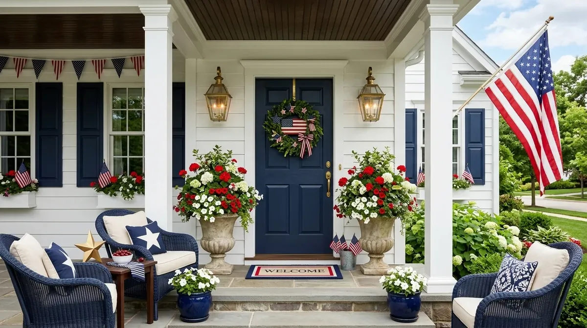 Elegant 4th of July porch with matching flower planters, gold lanterns, navy accents, and refined wreath.