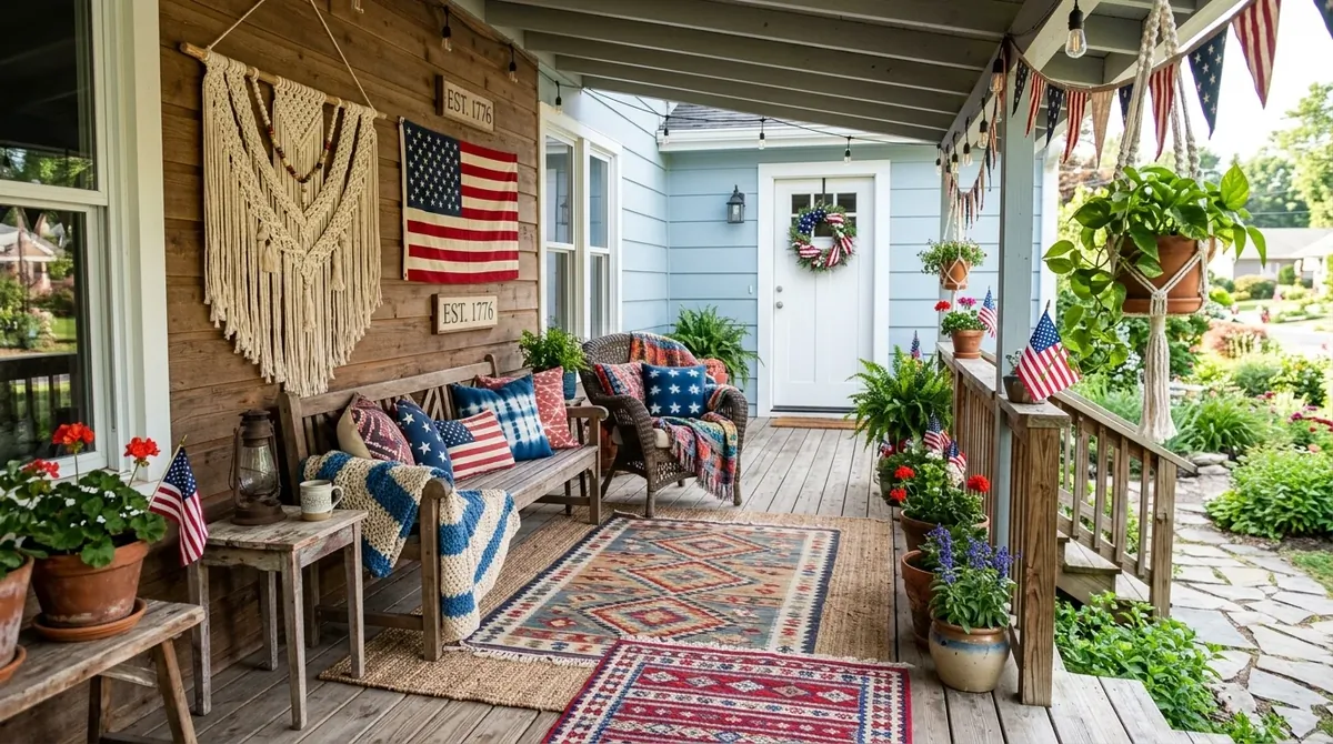 Boho porch with patterned rugs, red-white-blue cushions, macrame details, and relaxed festive mood.
