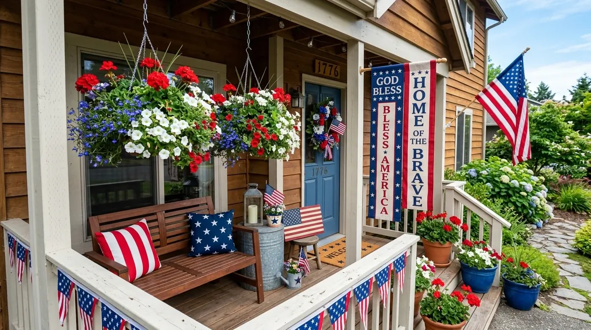 Small patriotic porch with bench, vertical banners, hanging flower baskets, and compact cheerful decor.