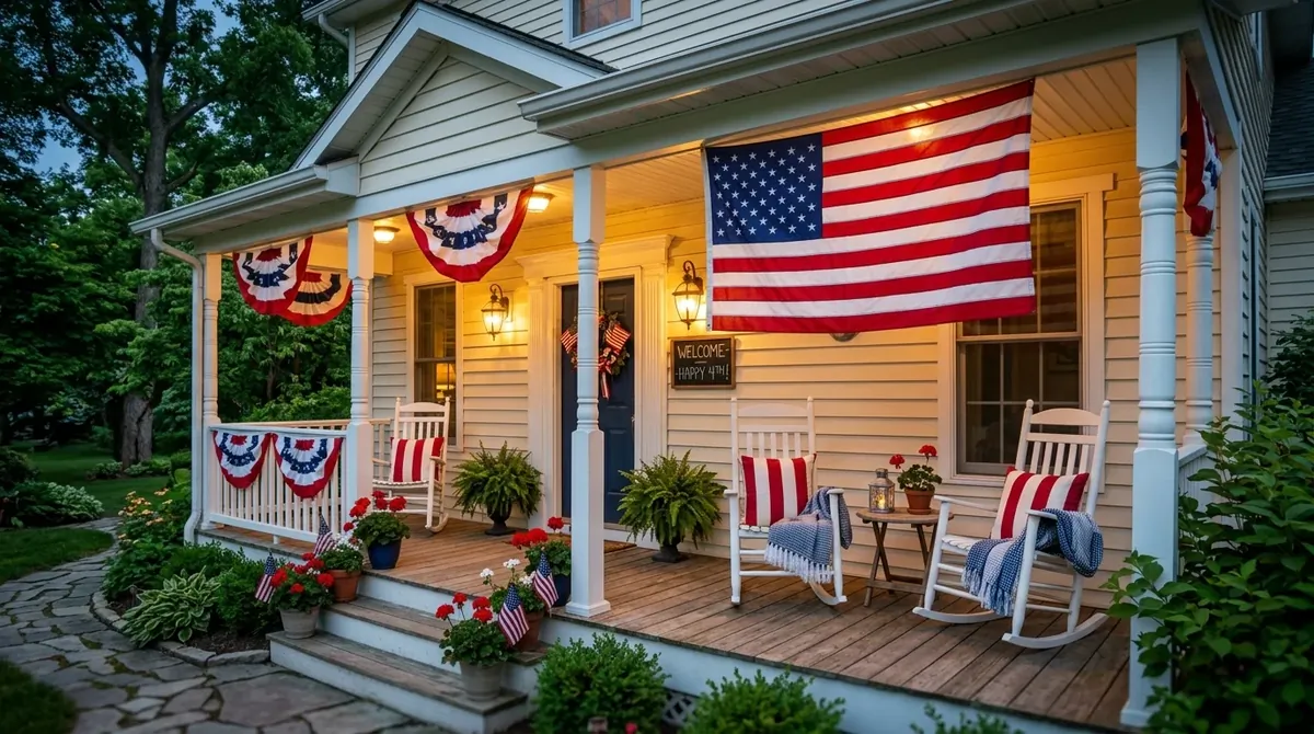 Traditional porch with large flag display, rocking chairs, striped cushions, and glowing porch lights.