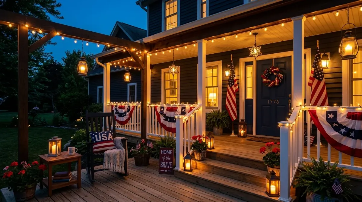 Patriotic porch at night with string lights, glowing lanterns, bunting, and warm festive ambiance.
