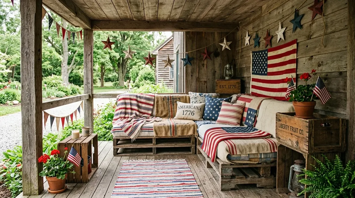 Rustic wood porch with pallet seating, distressed stars, vintage crates, and patriotic layered textiles.