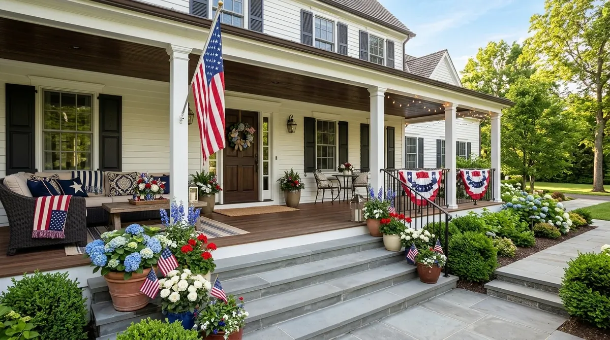Luxury 4th of July porch with stone steps, designer seating, elegant flag accents, and upscale floral styling.