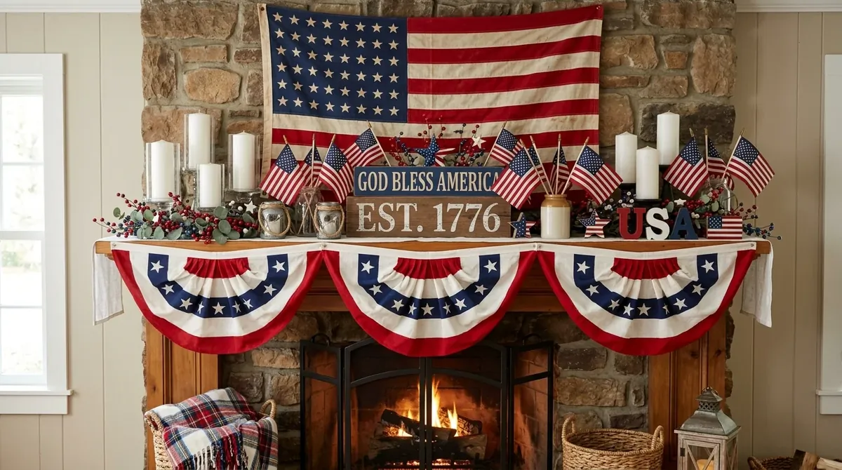 Patriotic mantel with flags, bunting, stars, and warm summer fireplace styling.