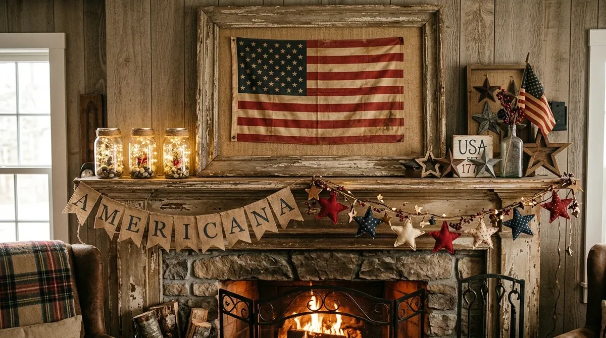 4th of July mantel with rustic wood accents, vintage flags, lanterns, and cozy red-white-blue decor.