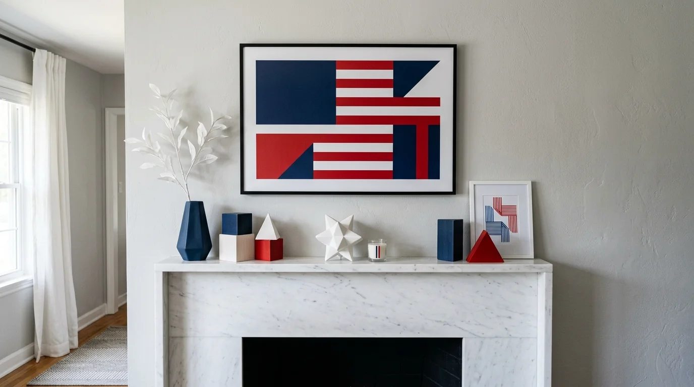 Modern mantel with clean patriotic accents, subtle stars, and a polished red-white-blue palette.