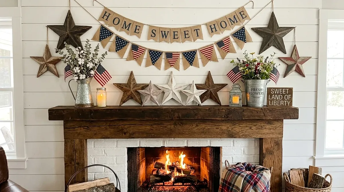 Farmhouse mantel with striped ribbon, white pitchers, greenery, and patriotic accents.