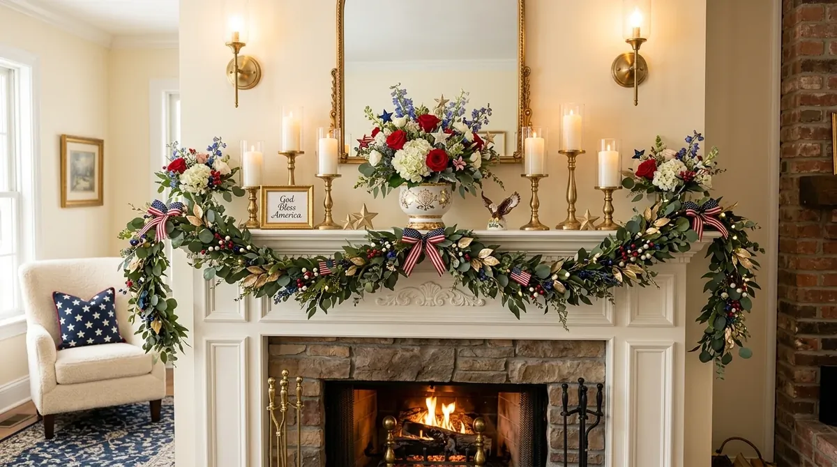 Fireplace mantel with star garland, candles, and classic 4th of July styling.