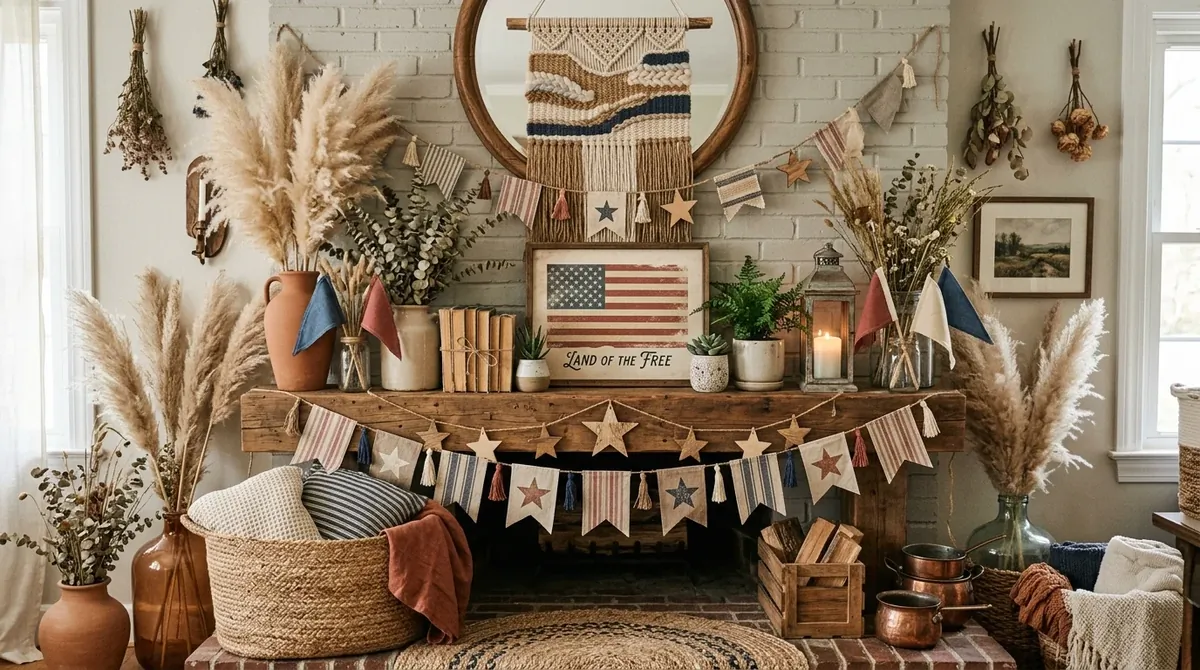 Mantel with navy accents, driftwood tones, flags, and a breezy summer patriotic mood.