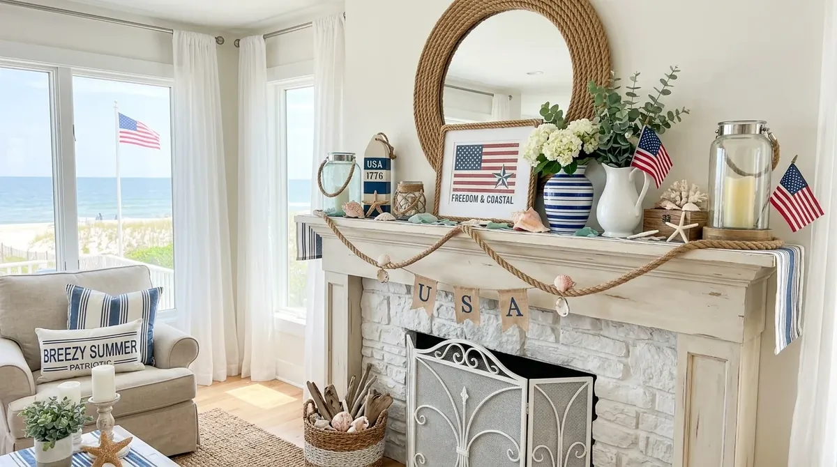4th of July mantel with red and white flowers, flags, and soft celebratory styling.