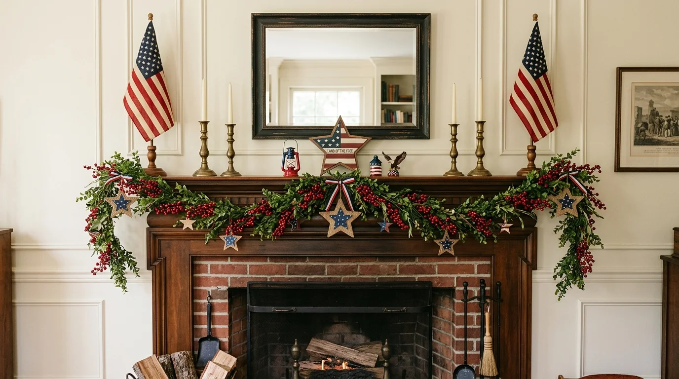 Simple patriotic mantel with restrained red, white, and blue accents and clean composition.