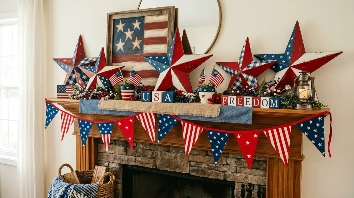 Patriotic mantel lit by lanterns and candles with warm celebratory evening atmosphere.