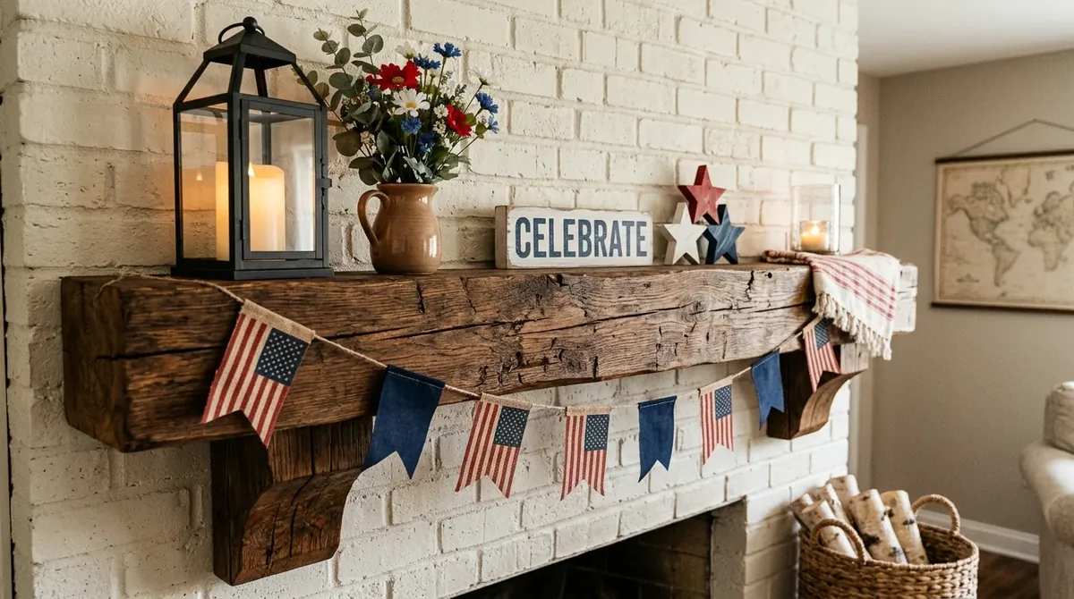 Mantel with vintage Americana decor, worn wood, and nostalgic patriotic charm.