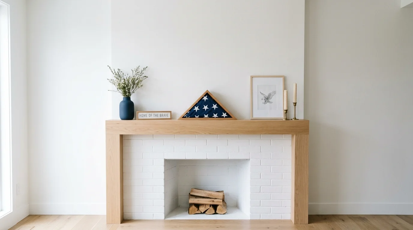 4th of July mantel with layered banners, stars, and a lively holiday focal point.