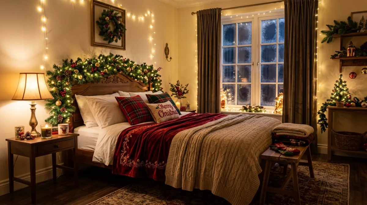 Festive Christmas bedroom with pine garland on the headboard, fairy lights, and warm bedding.