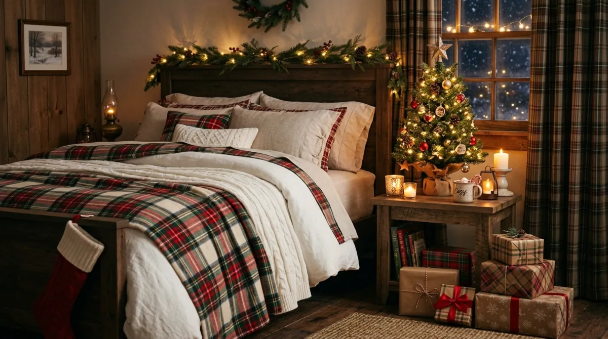 Cozy holiday bedroom with a mini Christmas tree, wrapped gifts, plaid blankets, and candlelight.