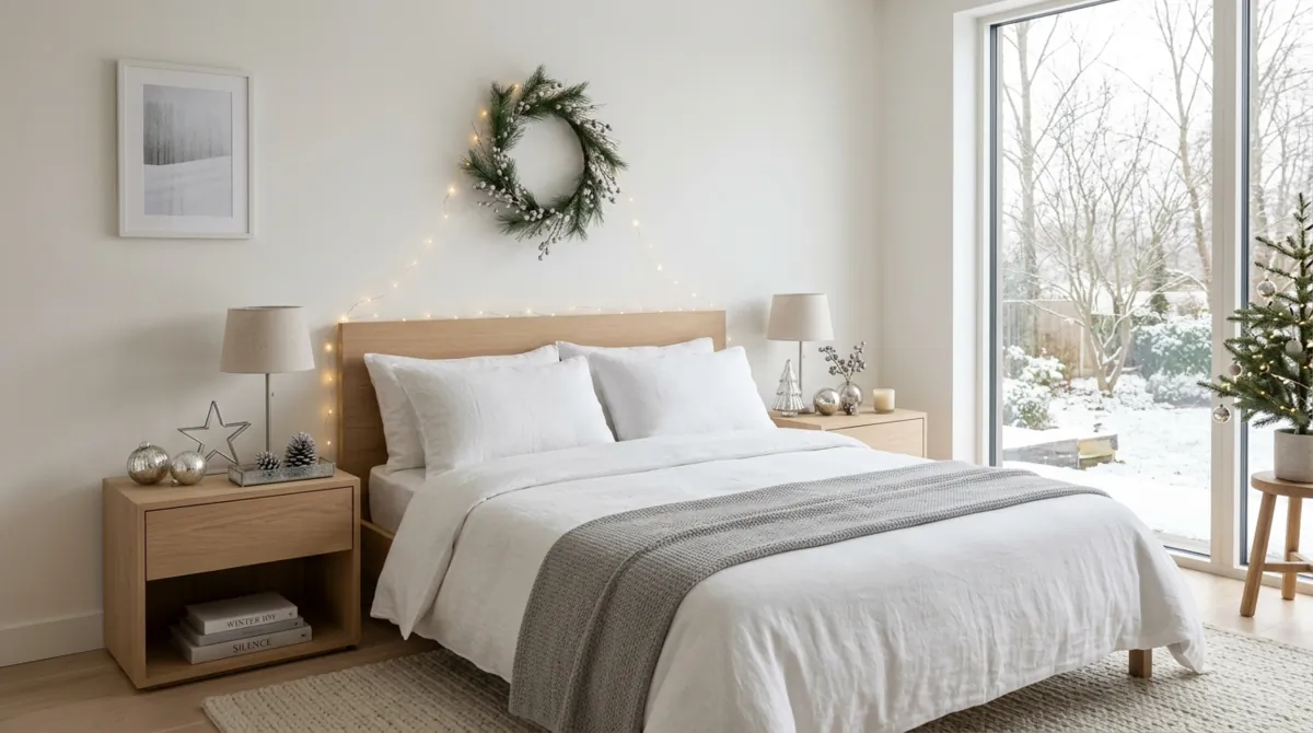 Modern Christmas bedroom with white bedding, silver ornaments, and subtle string lights.