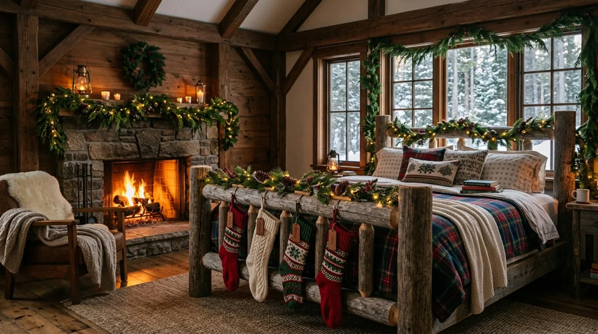 Rustic Christmas bedroom with wooden beams, knitted stockings, garlands, and warm fireplace glow.
