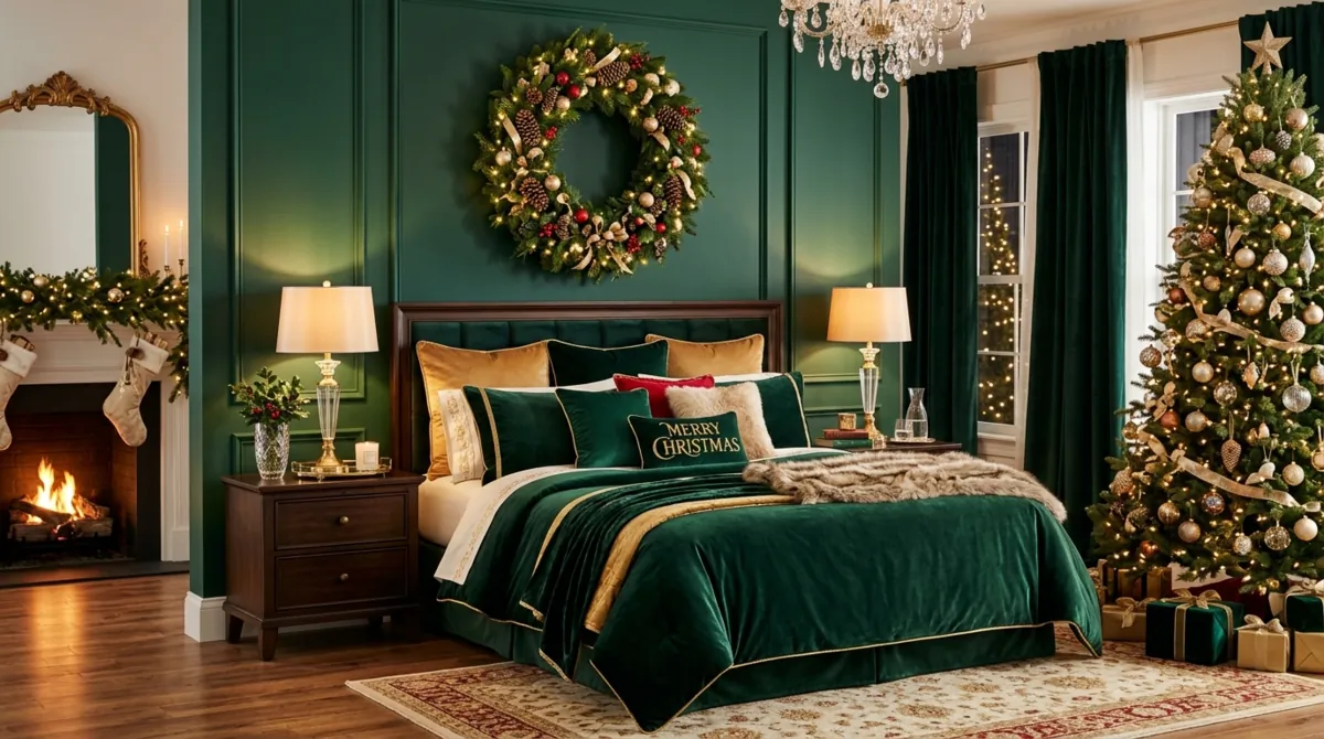 Luxury Christmas bedroom with velvet bedding, gold accents, and a festive wreath above the bed.