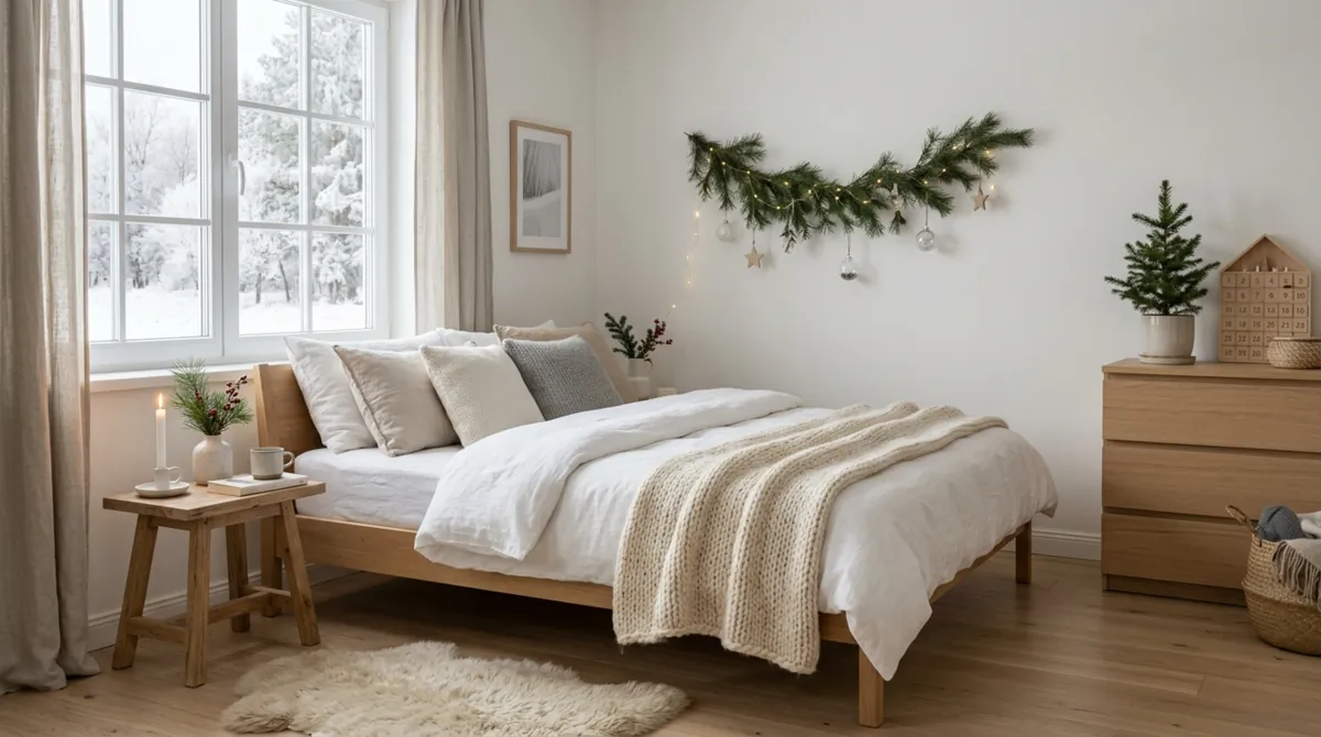 Scandinavian Christmas bedroom with light wood furniture, neutral bedding, and simple pine decor.