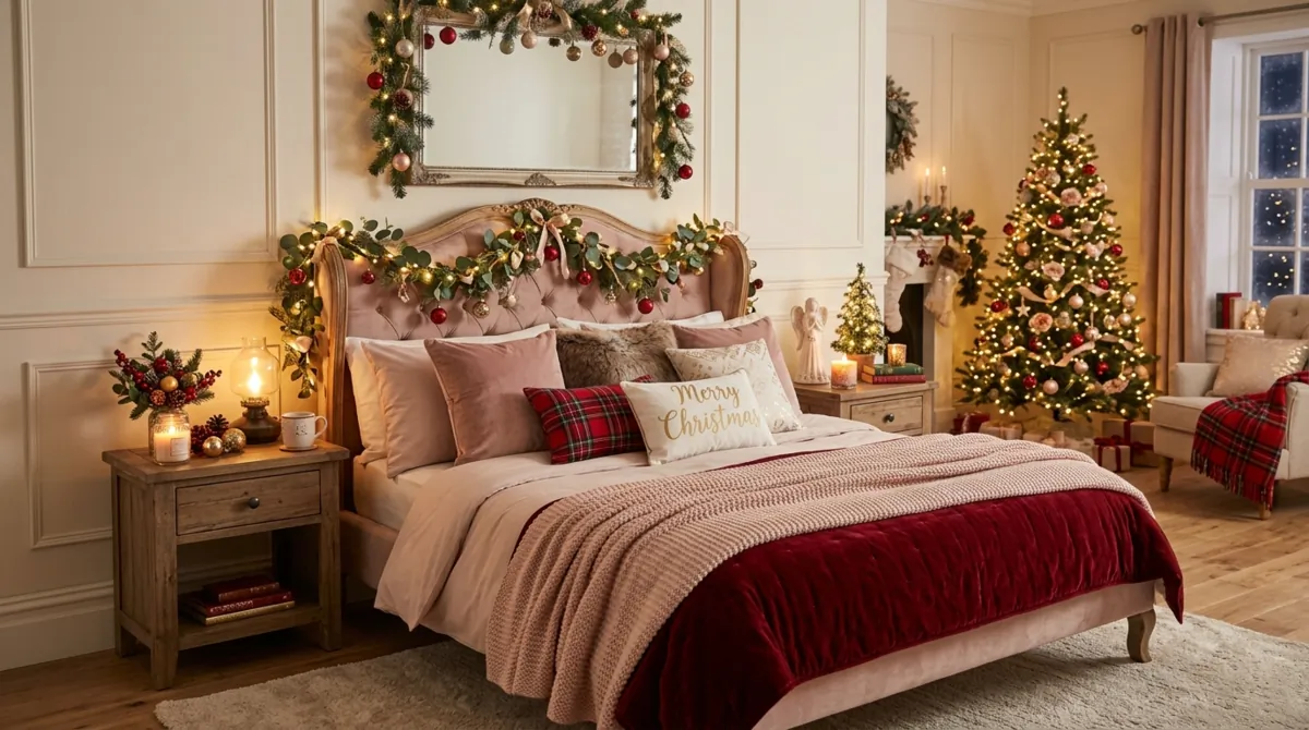 Romantic Christmas bedroom with blush and red accents, fairy lights, and candles.