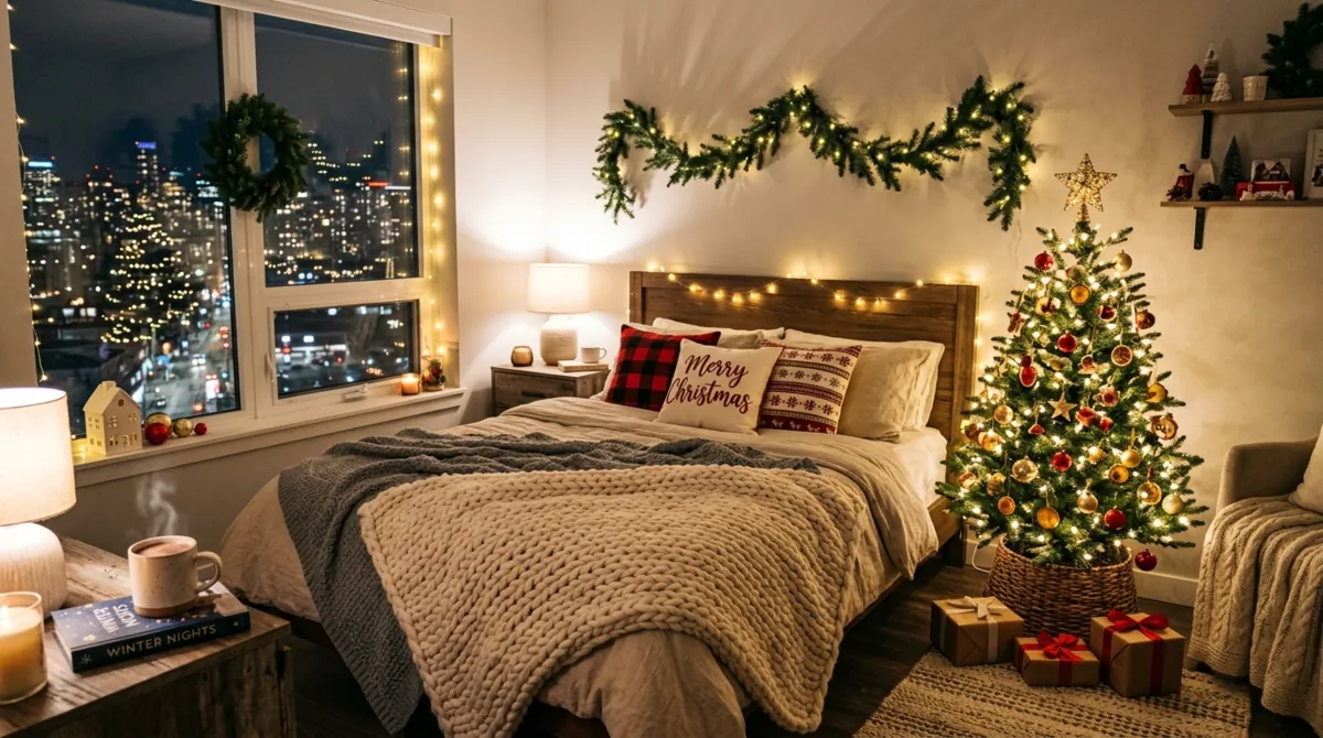 Cozy apartment Christmas bedroom with compact tree, string lights, and knit blankets.