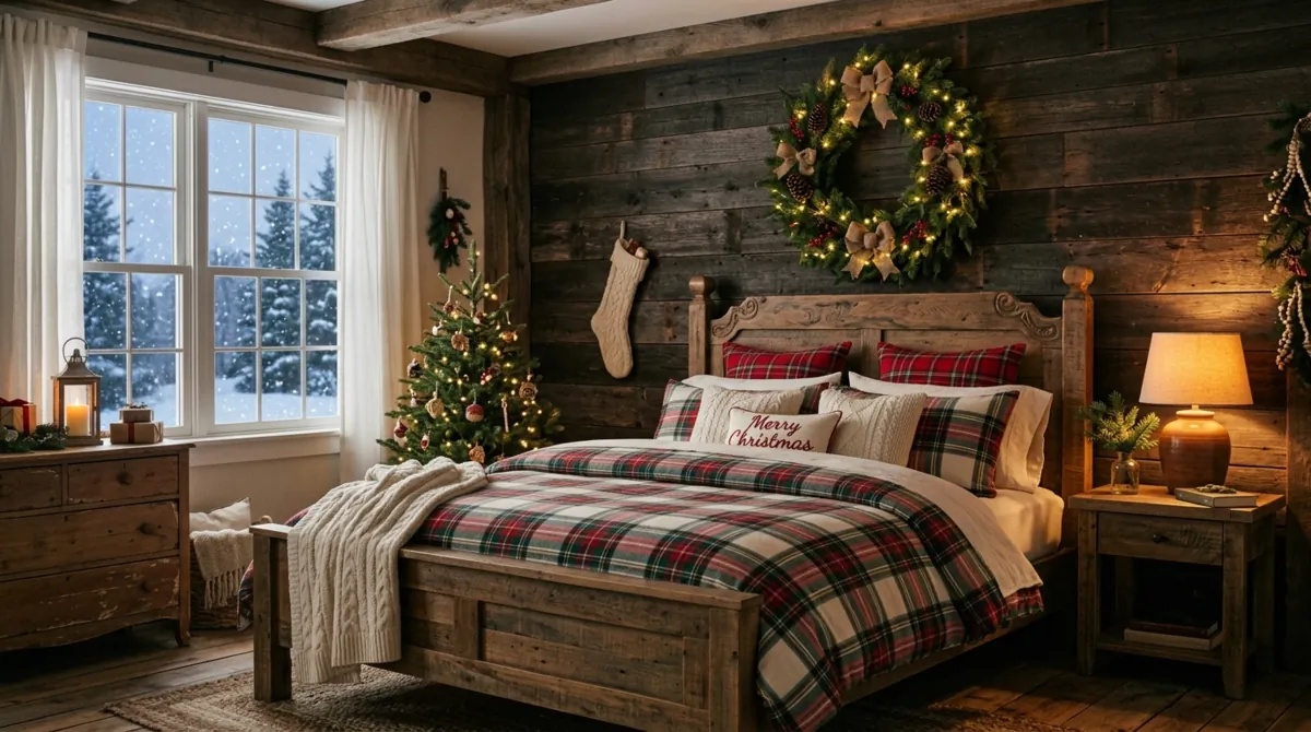 Farmhouse Christmas bedroom with plaid bedding, rustic wooden furniture, and wreath above the bed.