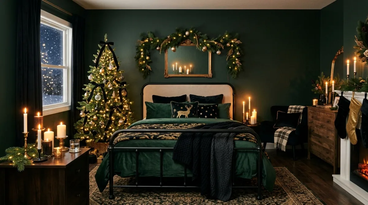 Moody Christmas bedroom with dark green walls, black and gold decor, and candle clusters.