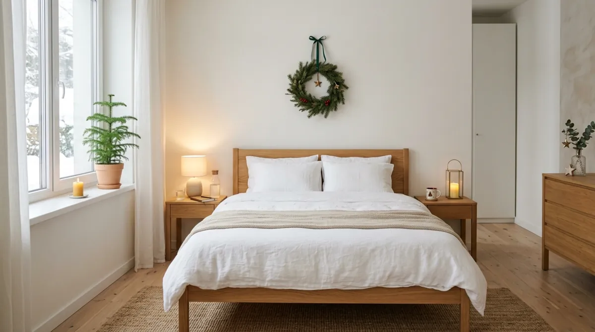 Minimal Christmas bedroom with white bedding, a small pine wreath, and warm lighting.
