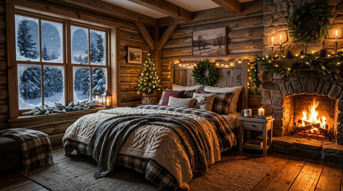 Snowy cabin-style Christmas bedroom with frosted windows, knit blankets, and fireplace glow.