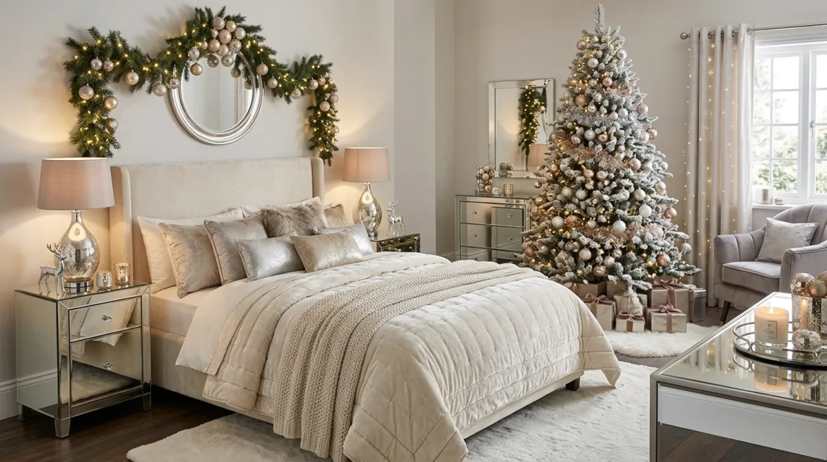 Glamorous Christmas bedroom with mirrored furniture, metallic ornaments, and sparkling fairy lights.