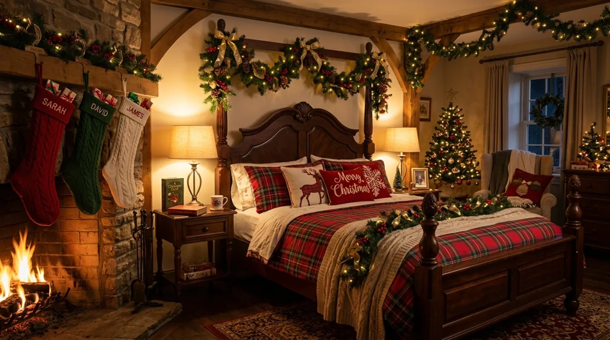 Traditional Christmas bedroom with red and green decor, stockings, garlands, and glowing lamps.