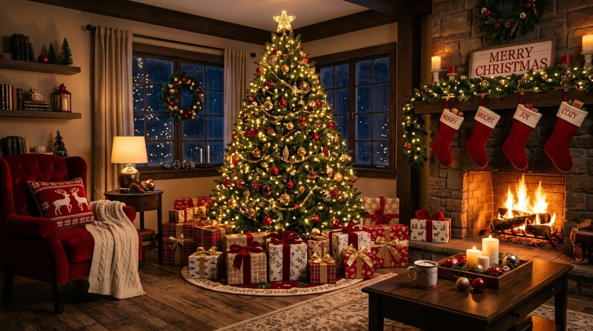 Christmas living room with decorated tree, fairy lights, wrapped gifts, red and gold accents, and fireplace.
