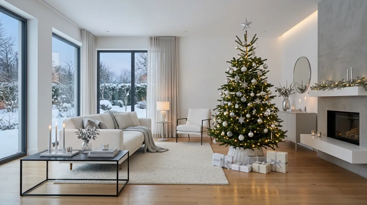 Modern Christmas living room with white decor, silver ornaments, elegant tree, and ambient light.