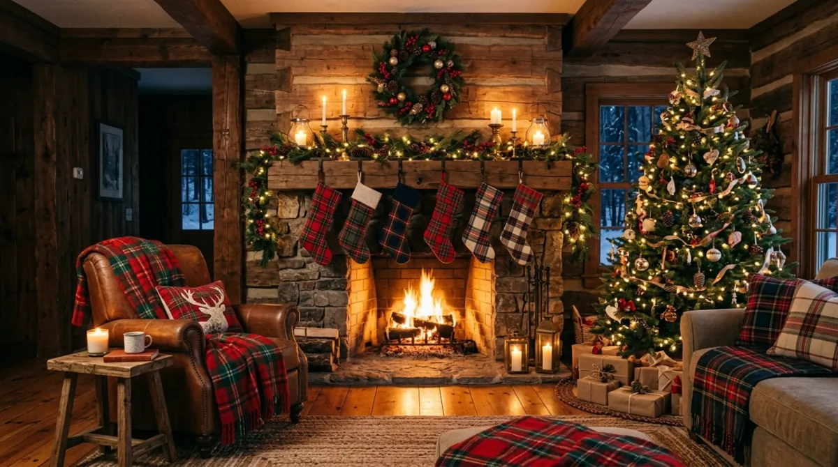 Rustic Christmas living room with beams, plaid blankets, stockings, garlands, and candlelight.