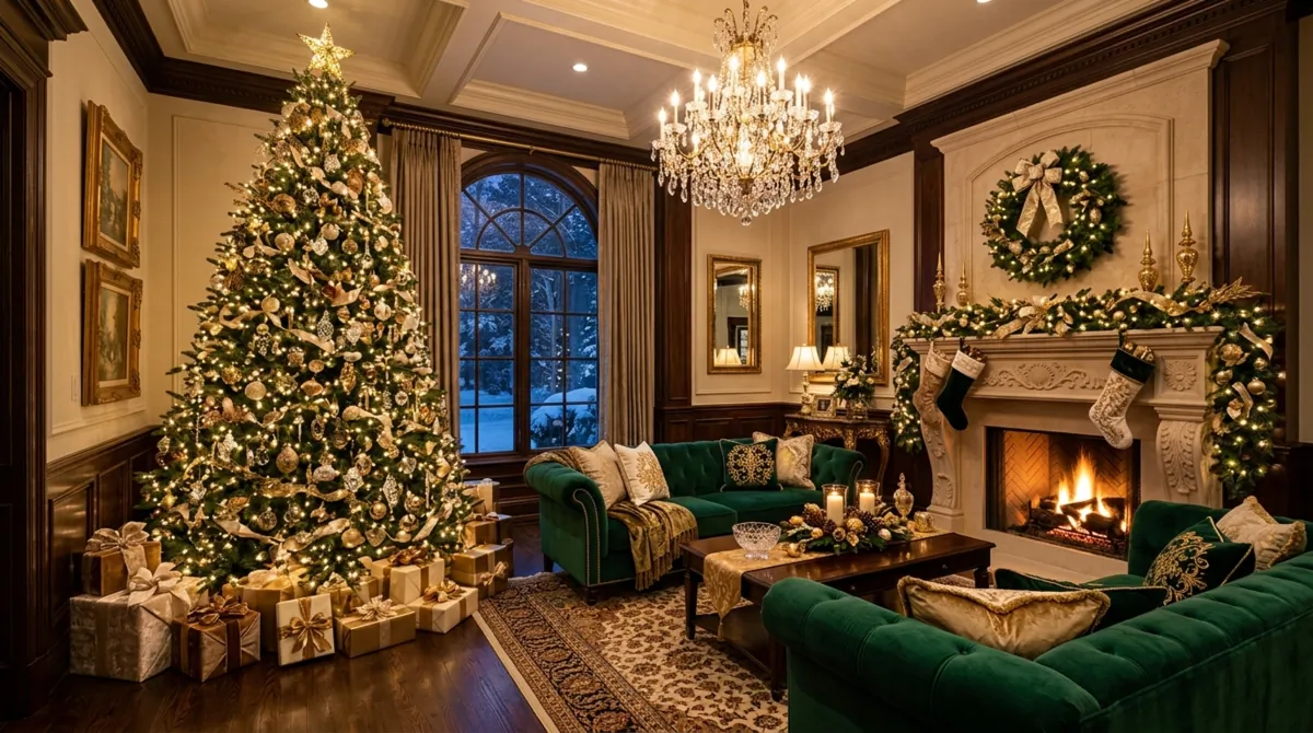 Luxury Christmas living room with grand tree, gold crystal ornaments, velvet sofas, and chandelier.