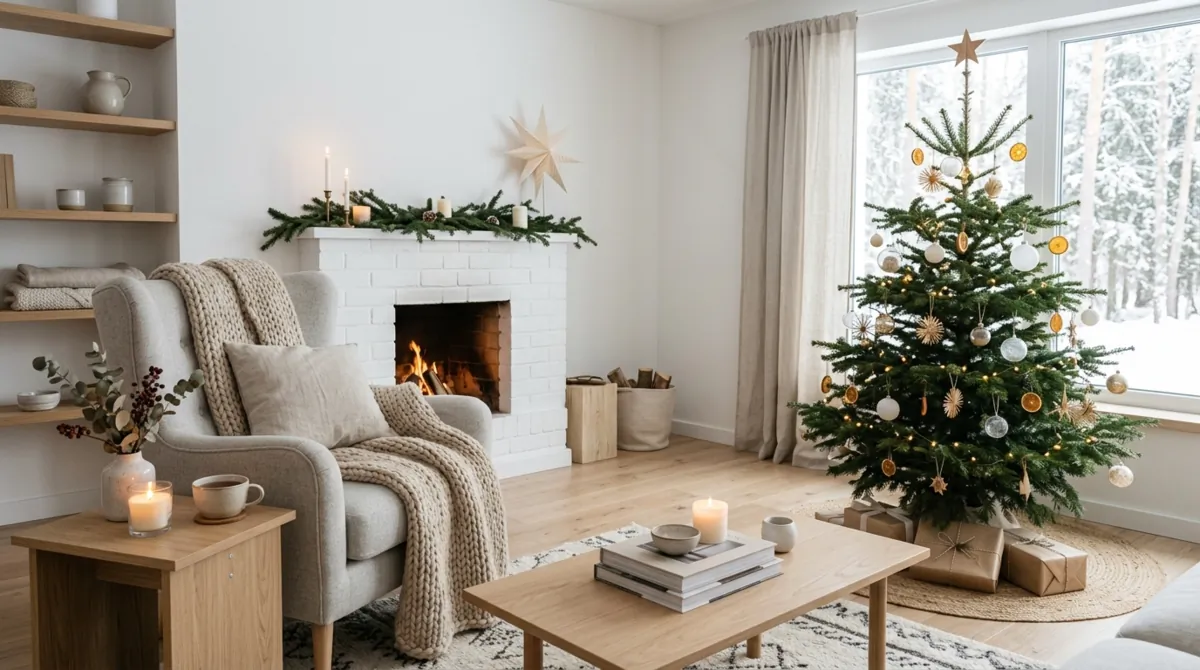 Scandinavian Christmas living room with light wood, simple tree, neutral tones, and wool textures.