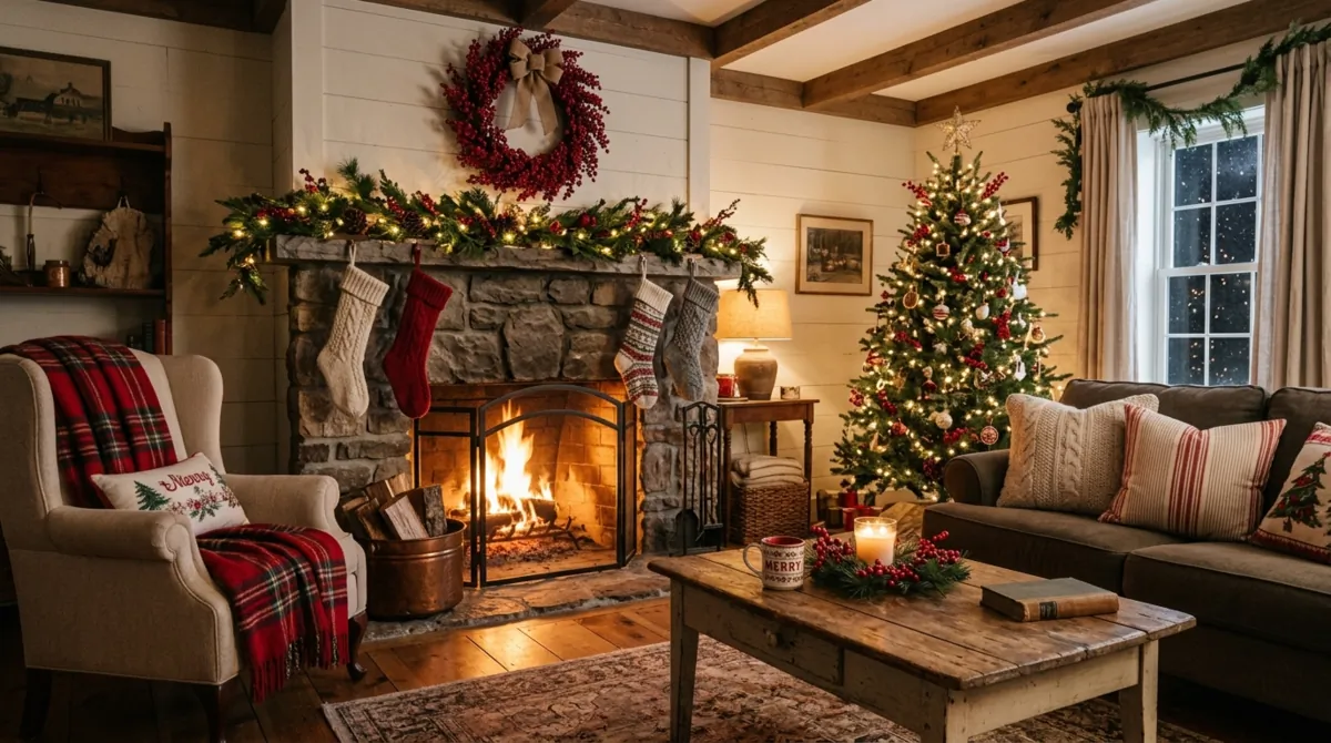 Farmhouse Christmas living room with berry wreaths, knit stockings, wood table, and fire.