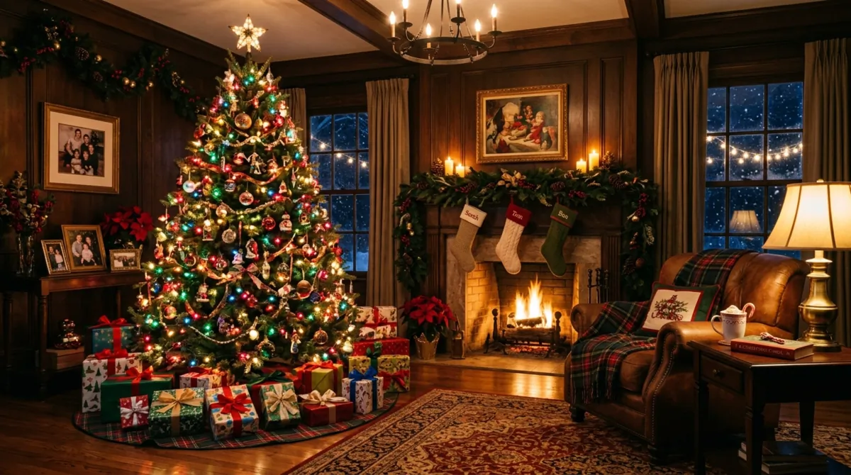 Traditional Christmas living room with green tree, colorful ornaments, presents, and warm lamps.