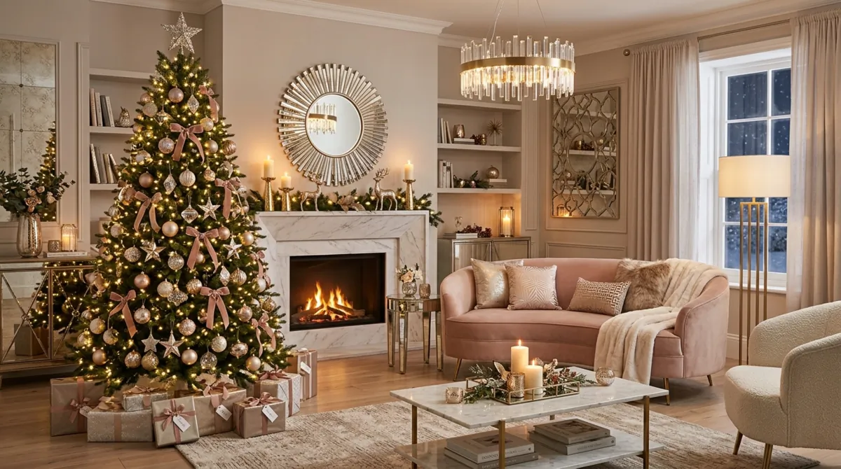 Glam Christmas living room with mirrored decor, metallic ornaments, blush tones, and sleek furniture.