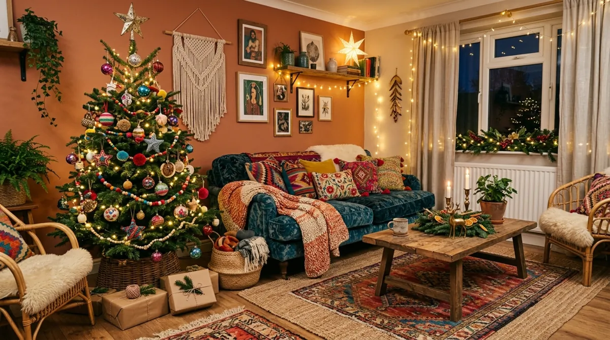 Bohemian Christmas living room with eclectic ornaments, woven textures, colorful cushions, and rugs.